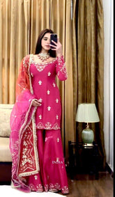 Lovely Pink Cinon Silk Sequence Work Sharara Suit